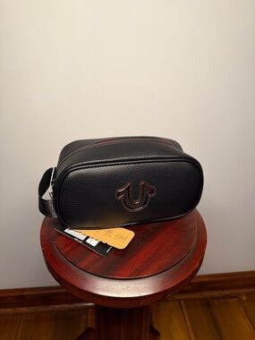 True Religion Black Pebbled Leather Toiletry Bag with Red Trim
